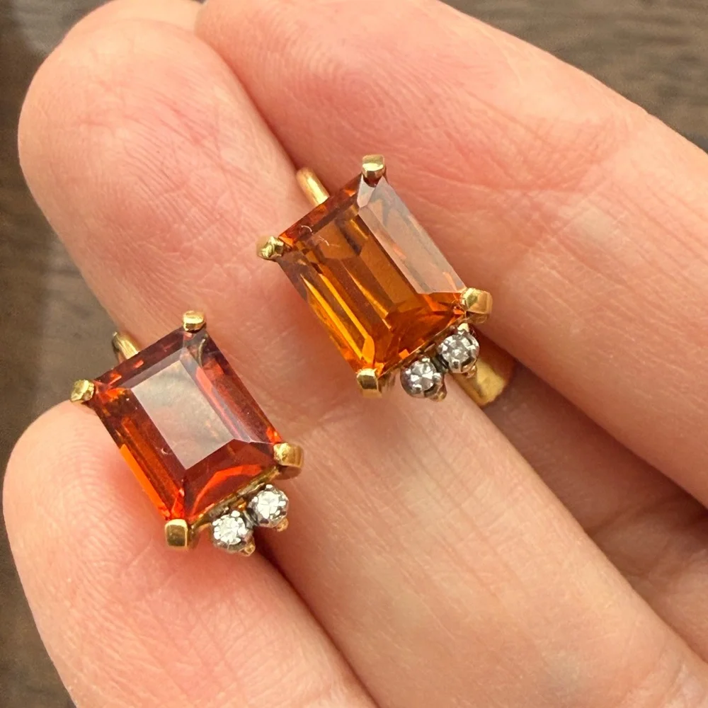 Solid 18K gold Madeira citrine natural diamond screw back earrings - Picture 3 of 12